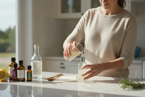 Brązowa butelka z atomizerem i domowym płynem antybakteryjnym na drewnianym blacie kuchennym