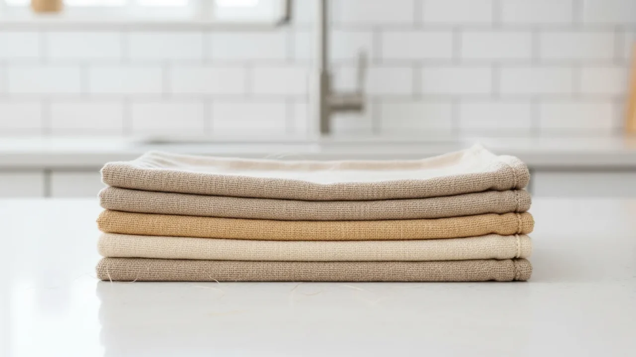 Cztery ściereczki bambusowe ułożone obok siebie na drewnianym blacie kuchennym