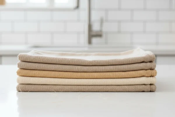 Cztery ściereczki bambusowe ułożone obok siebie na drewnianym blacie kuchennym