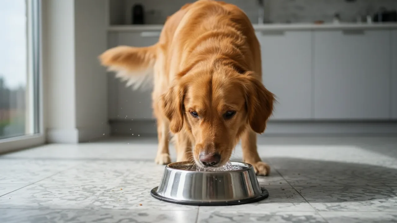 Pięć stalowych misek dla psa różnych marek ustawionych w rzędzie na drewnianym blacie kuchennym