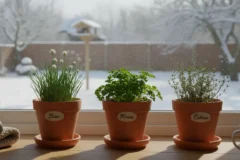 Trzy doniczki świeżych ziół na kuchennym parapecie — szczypiorek, mięta i bazylia w zimowym świetle