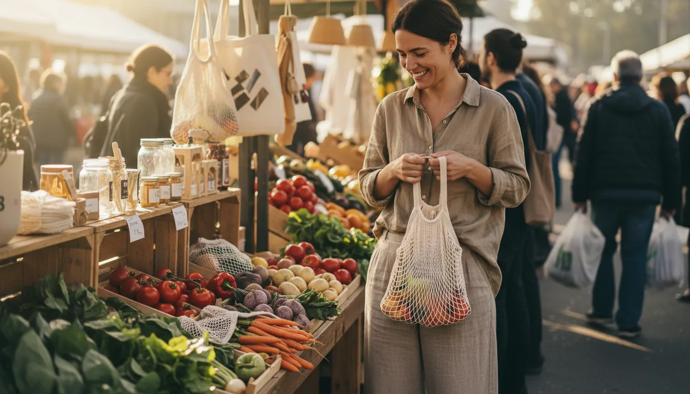 Bawełniany woreczek na wadze w sklepie spożywczym podczas ważenia warzyw