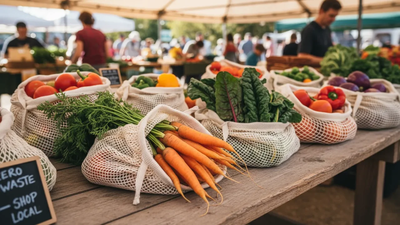 Wielorazowe woreczki siatkowe wypełnione warzywami na targu — alternatywa dla foliówek