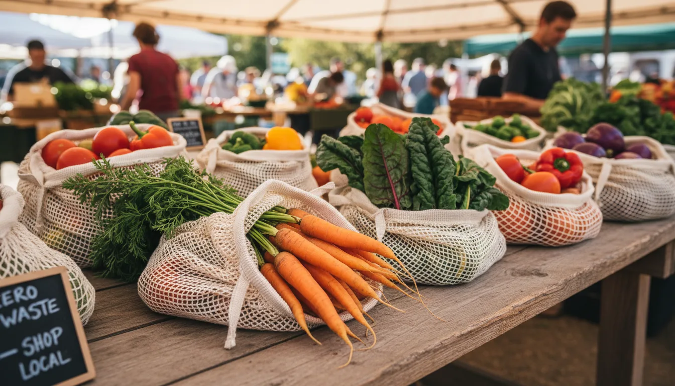 Wielorazowe woreczki siatkowe wypełnione warzywami na targu — alternatywa dla foliówek