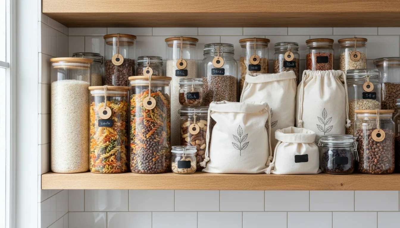 Koszyk zakupowy z wielorazowymi woreczkami i torbą — eko zakupy bez plastiku