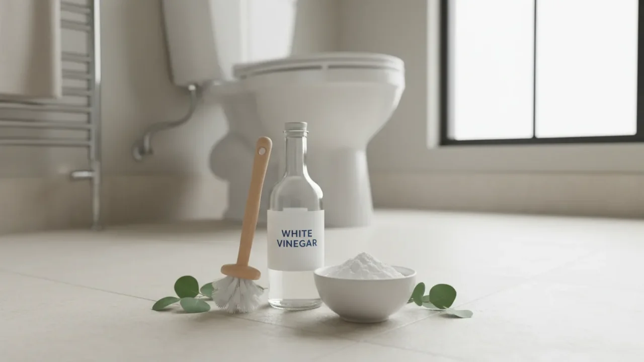 Butelka octu 10% i szczotka do toalety — domowy płyn octanowy