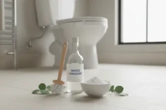 Butelka octu 10% i szczotka do toalety — domowy płyn octanowy