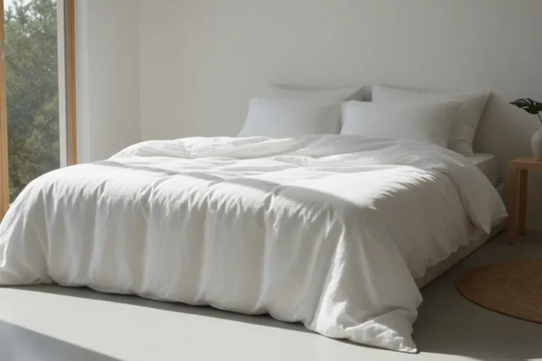 Cztery komplety pościeli bambusowej rozłożone na łóżku w sypialni