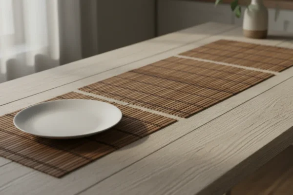 Pięć mat bambusowych pod talerze ułożonych obok siebie na drewnianym stole jadalnym