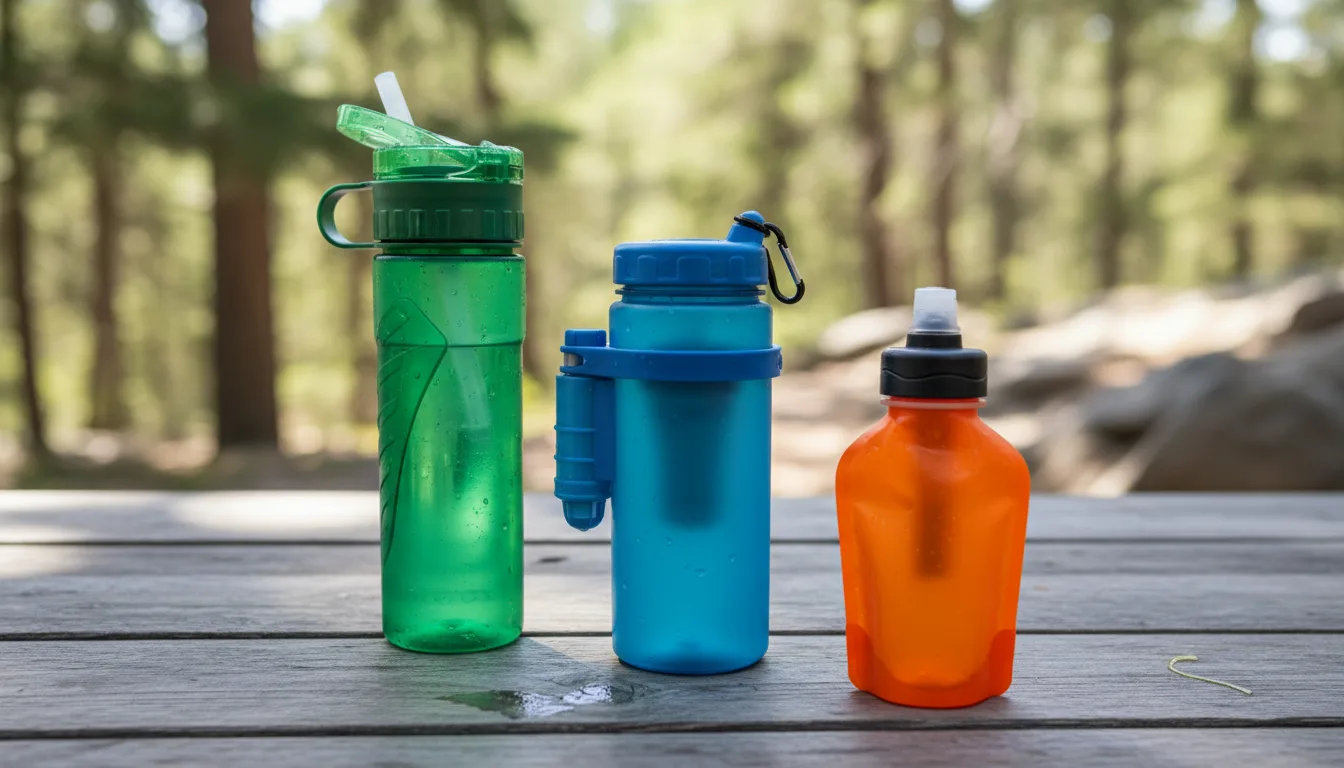 Trzy butelki filtrujące różnych marek ustawione obok siebie do porównania