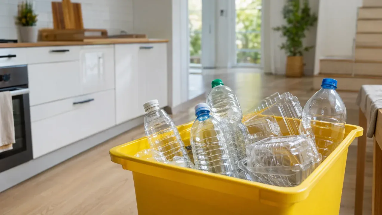 Posegregowane plastikowe opakowania przygotowane do recyklingu w domowym koszu - jak segregować plastik
