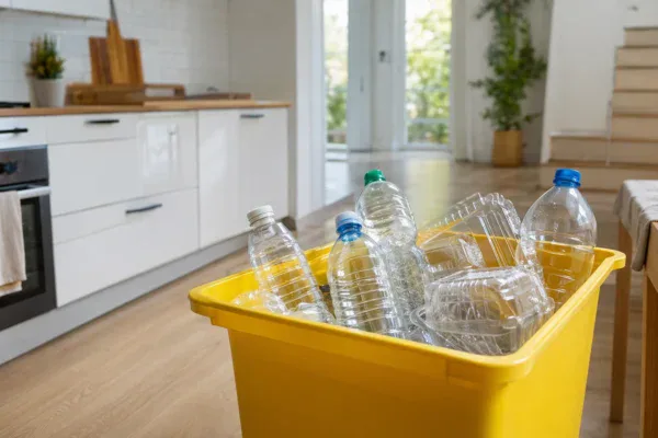 Posegregowane plastikowe opakowania przygotowane do recyklingu w domowym koszu - jak segregować plastik